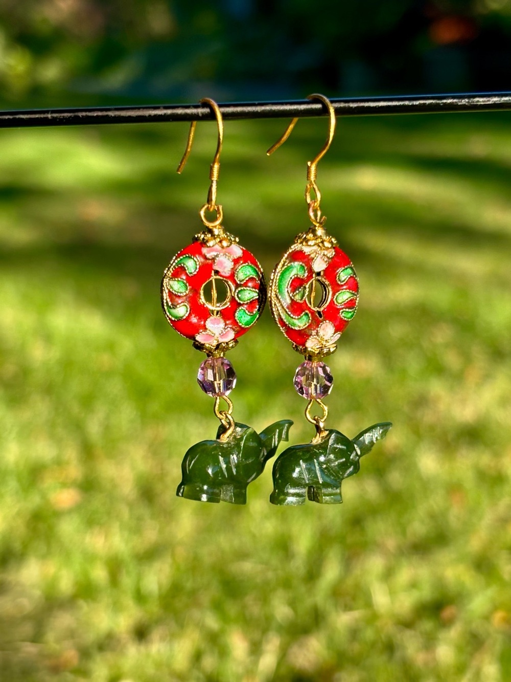 Cloisonné and Jade Elephant Drop Earrings.